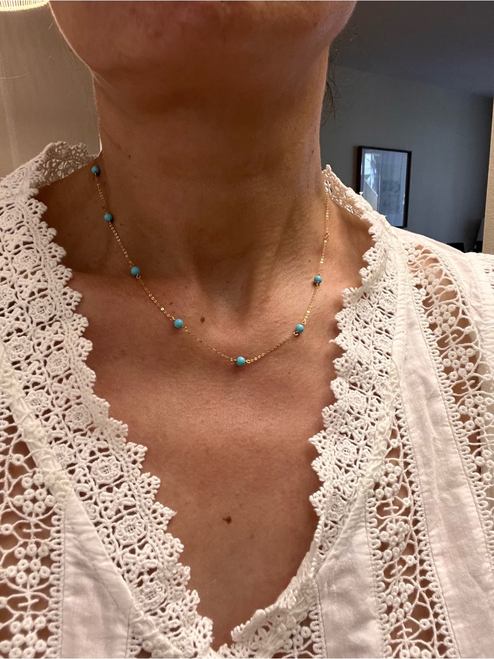 NWT Turquoise Italian 14k Solid Yellow Gold Station Necklace Choker 14”-17” - Picture 6 of 6